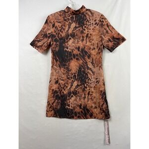 Missguided Animal Print Mini Dress Womens Medium Brown Mock Neck Leopard Snake